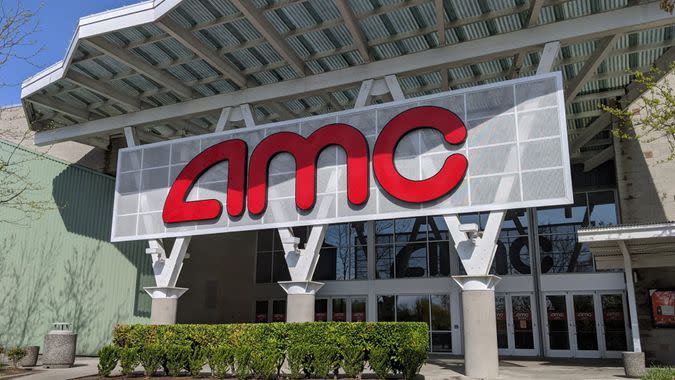 Woodinville, WA / USA - circa April 2020: Low angle view of the exterior of an AMC movie theater on a sunny day.