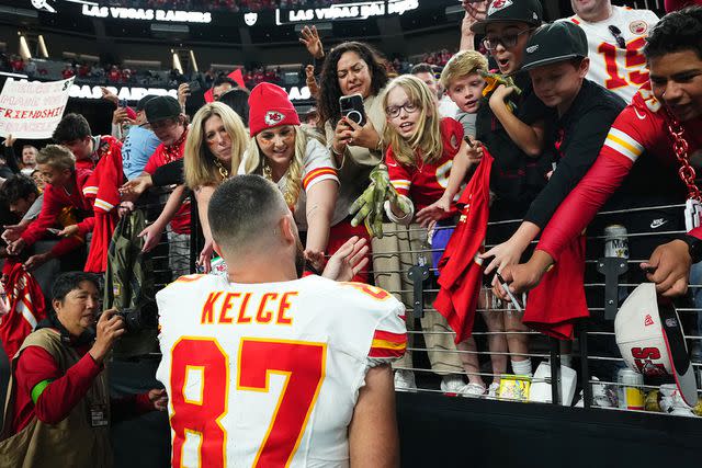 <p>Jeff Bottari/Getty Images</p> Kelce is a big hit on the field