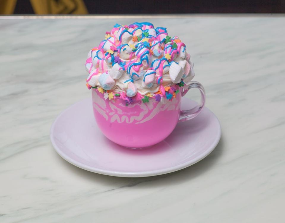 Pink Unicorn Hot Chocolate is an over the top take on hot cocoa at Sugar Factory.