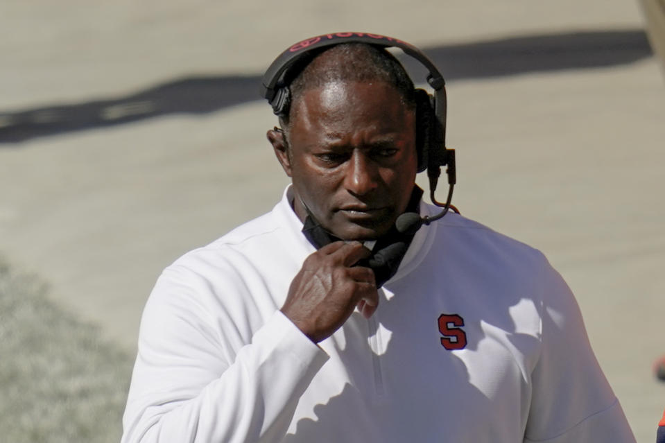 Syracuse head coach Dino Babers walks the sideline during the second half of an NCAA college football game against Pittsburgh, Saturday, Sept. 19, 2020, in Pittsburgh. (AP Photo/Keith Srakocic)