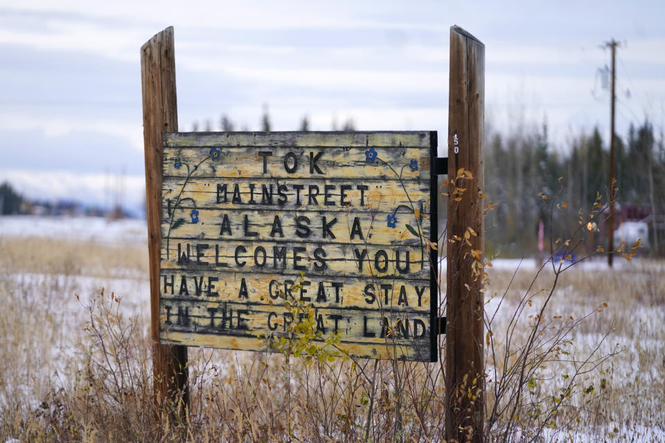 FILE - A welcome sign is shown Sept. 22, 2021, in Tok, Alaska. President Joe Biden will face Democratic voters this Saturday, April 13, 2024, in a pair of nominating contests in Alaska and Wyoming that are unlikely to produce any surprises. In Alaska, 15 delegates are at stake in a party-run primary, which will be conducted by voice vote in the state's 40 legislative districts. (AP Photo/Rick Bowmer, File)