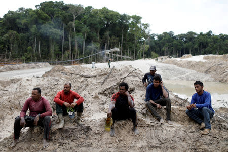 Miners are briefly detained and questioned at an illegal gold mine during an operation conducted by agents of the Brazilian Institute for the Environment and Renewable Natural Resources, or Ibama, in national parks near Novo Progresso, southeast of Para state, Brazil, November 5, 2018. REUTERS/Ricardo Moraes