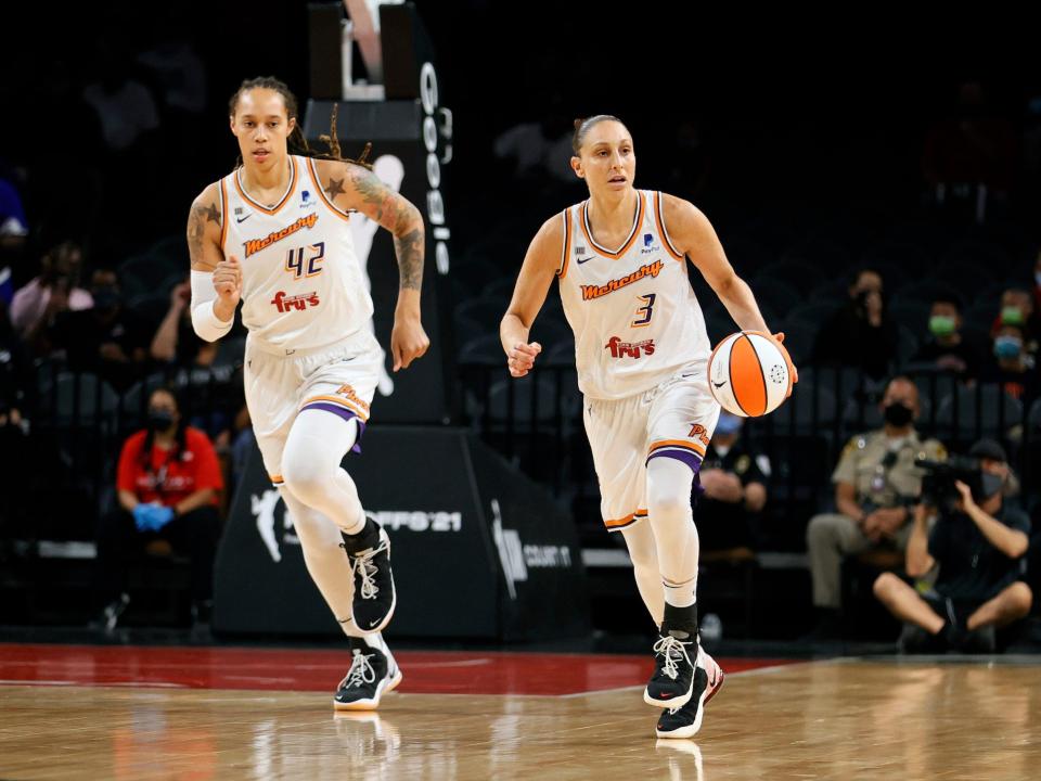 Brittney Griner and Diana Taurasi during a Phoenix Mercury game.