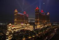 Galaxy Macau, the latest resort in Macau built by Galaxy Entertainment Group, is lit up in the evening after it opened for business May 15, 2011.