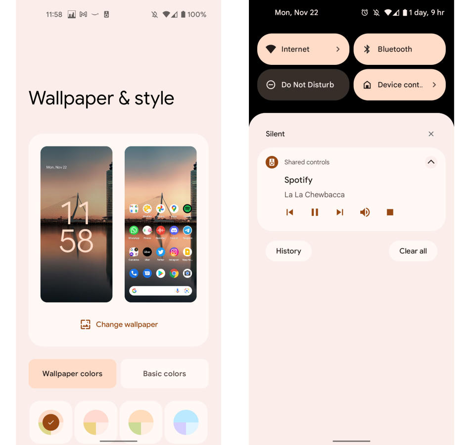 Two screenshots showing the Android 12 Material You theme. The first is the Wallpaper & Style settings page, the second screenshot shows the notifications and quick settings shade in the same color palette.