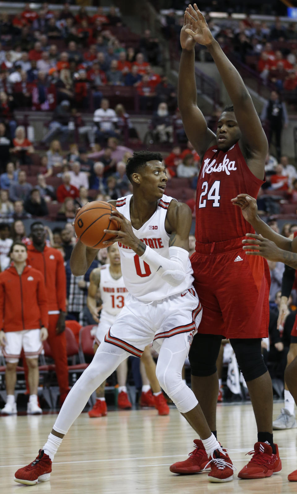 Ohio State's Alonzo Gaffney, left, looks for an open shot as Nebraska's Yvan Ouedraogo defends during the second half of an NCAA college basketball game Tuesday, Jan. 14, 2020, in Columbus, Ohio. Ohio State defeated Nebraska 80-68. (AP Photo/Jay LaPrete)