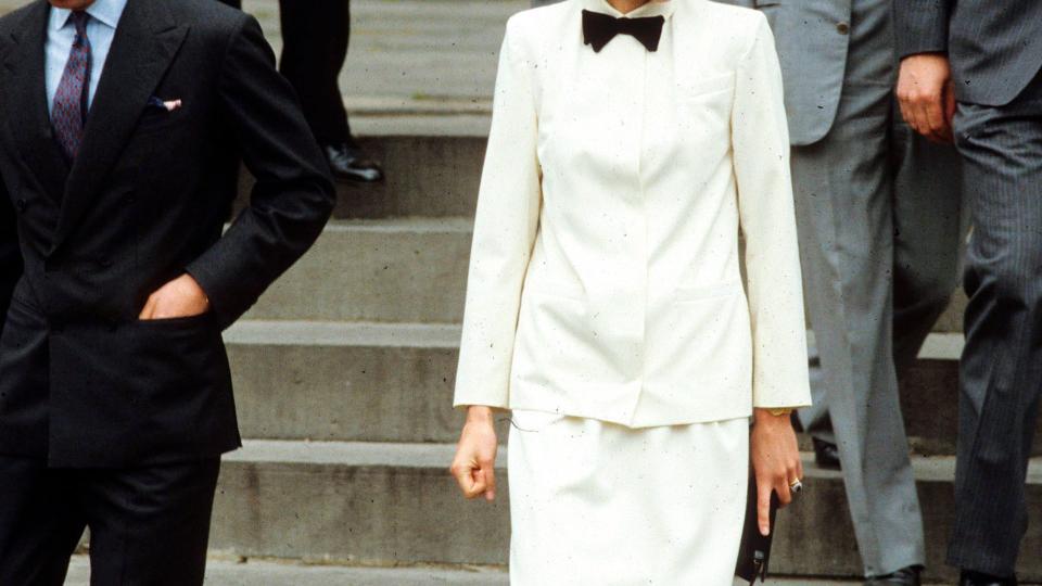 FLORENCE,ITALY - APRIL 24: Prince Charles, Prince of Wales and Diana, Princess of Wales, wearing a white tuxedo suit with a bow tie designed by Jasper Conran, visit Florence on April 24, 1985 in Florence, Italy. (Photo by Anwar Hussein/Getty Images)