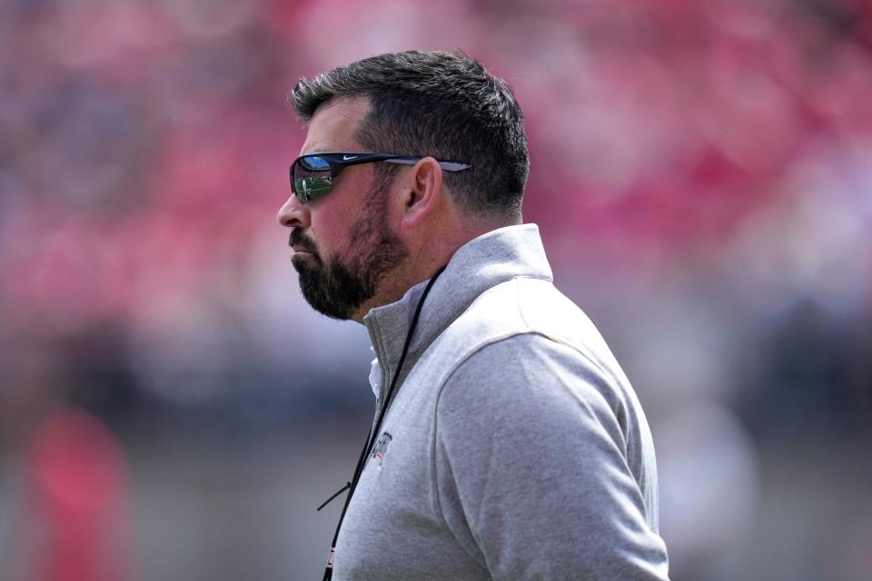 Apr 15, 2023; Columbus, Ohio, United States;  Ohio State Buckeyes head coach Ryan Day watches from the sidelines during the first quarter of the Ohio State Buckeyes spring game at Ohio Stadium on Saturday morning. Mandatory Credit: Joseph Scheller-The Columbus Dispatch