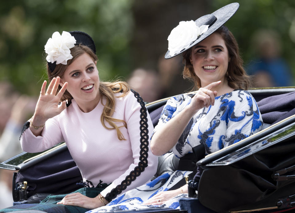 Princess Eugenie and Princess Beatrice during Trooping The Colour, the queen's annual birthday parade, in 2019 (Mark Cuthbert / UK Press via Getty Images)