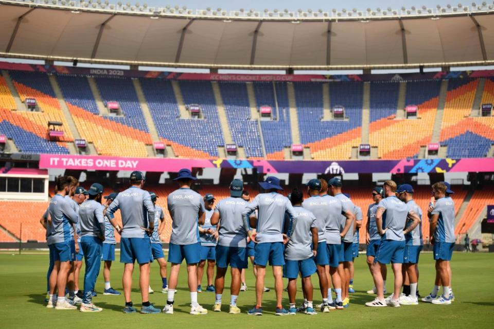 England huddle at a nets session in Ahmedabad.