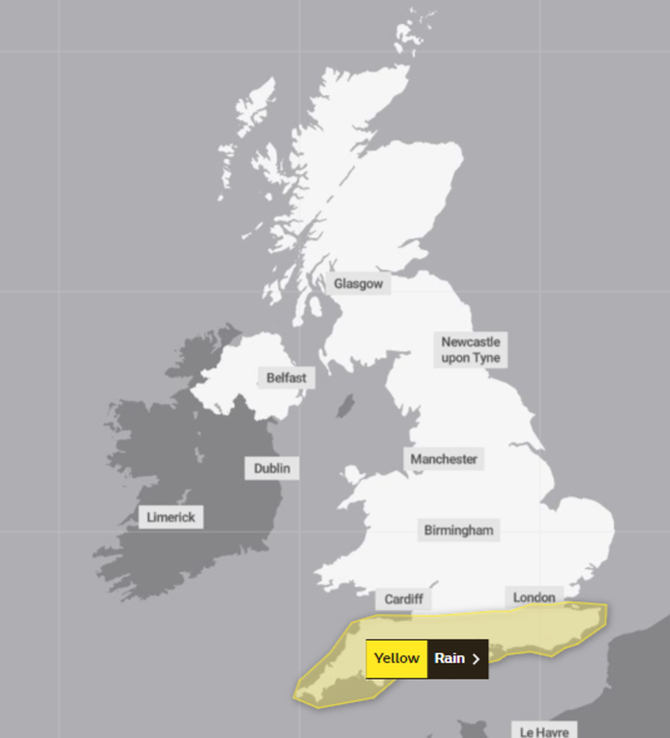 A rain warning is in place as torrential downpours are set to hit the UK (Met Office)