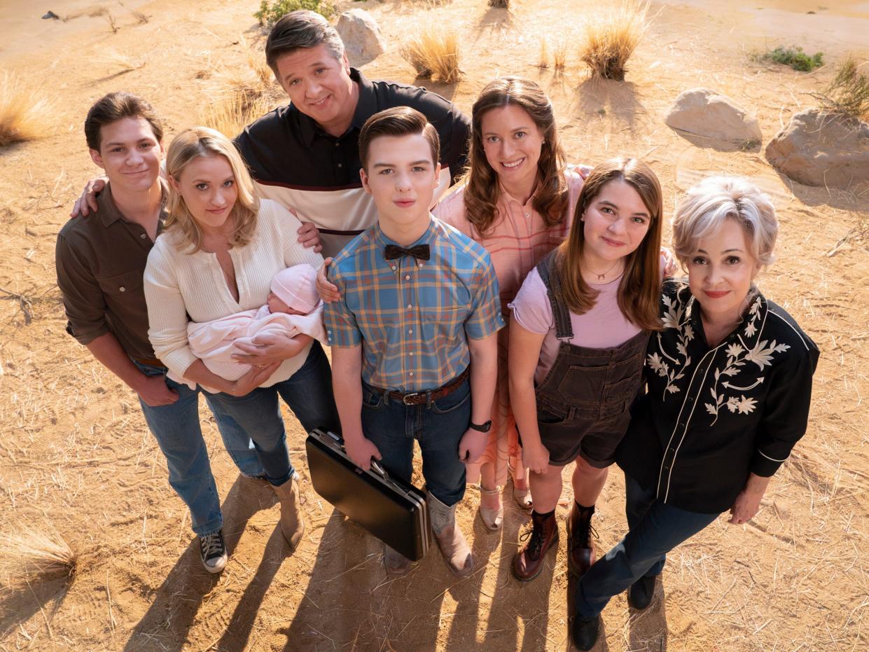 Montana Jordan as Georgie Cooper, Emily Osment as Mandy McAllister, Lance Barber as George Sr., Iain Armitage as Sheldon Cooper, Raegan Revord as Missy Cooper, Zoe Perry as Mary Cooper, and Annie Potts as Connie 'Meemaw' Tucker.