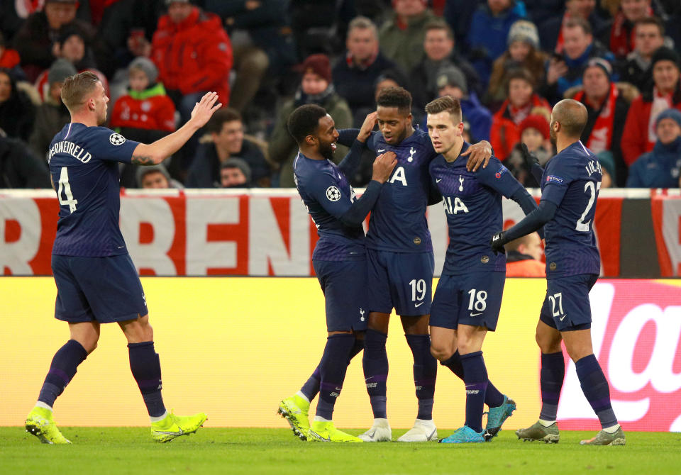 MUNICH, GERMANY - DECEMBER 11: Ryan Sessegnon of Tottenham Hotspur celebrates with teammates after scoring his team's first goal during the UEFA Champions League group B match between Bayern Muenchen and Tottenham Hotspur at Allianz Arena on December 11, 2019 in Munich, Germany. (Photo by Adam Pretty/Bongarts/Getty Images)