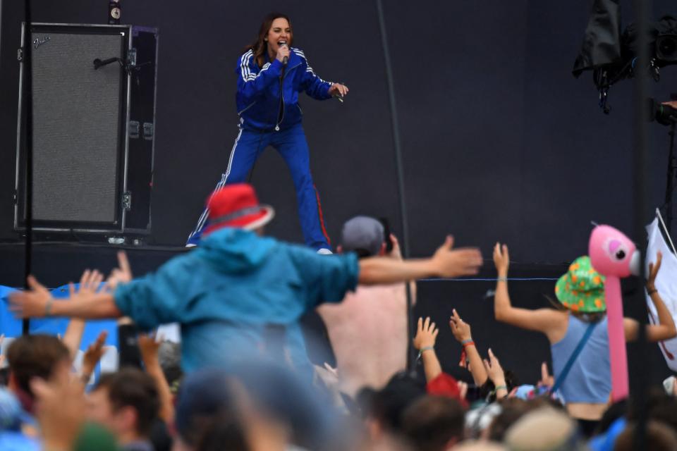 Ex-Spice Girl, Mel C performs with British band Blossoms on the Other Stage at the Glastonbury festival near the village of Pilton in Somerset, south-west England, on June 24, 2022. - More than 200,000 music fans descend on the English countryside this week as Glastonbury Festival returns after a three-year hiatus. The coronavirus pandemic forced organisers to cancel the last two years' events, and those going this year face an arduous journey battling three days of major rail strikes across the country. (Photo by ANDY BUCHANAN / AFP) (Photo by ANDY BUCHANAN/AFP via Getty Images)