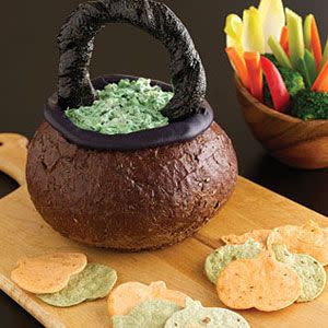 Spooky Spinach Dip in Bread Bowl Cauldron