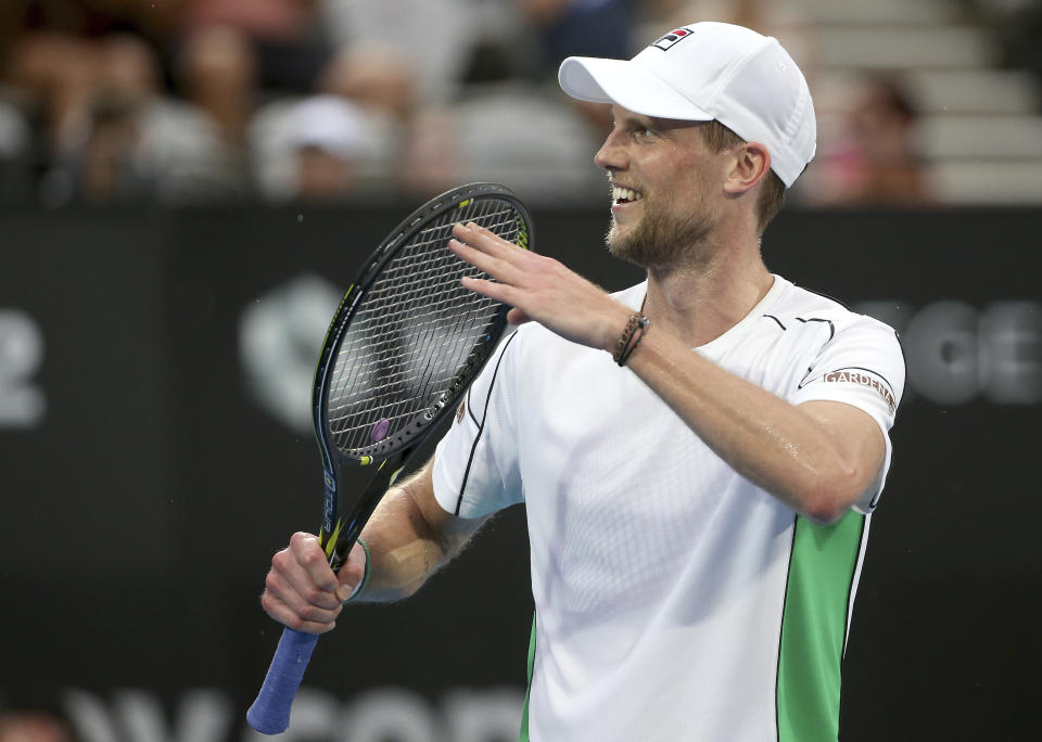 Andreas Seppi of Italy celebrates his win over Diego Schwartzman of Argentina in their men's singles semifinal match at the Sydney International tennis tournament in Sydney, Friday, Jan. 11, 2019. (AP Photo/Rick Rycroft)