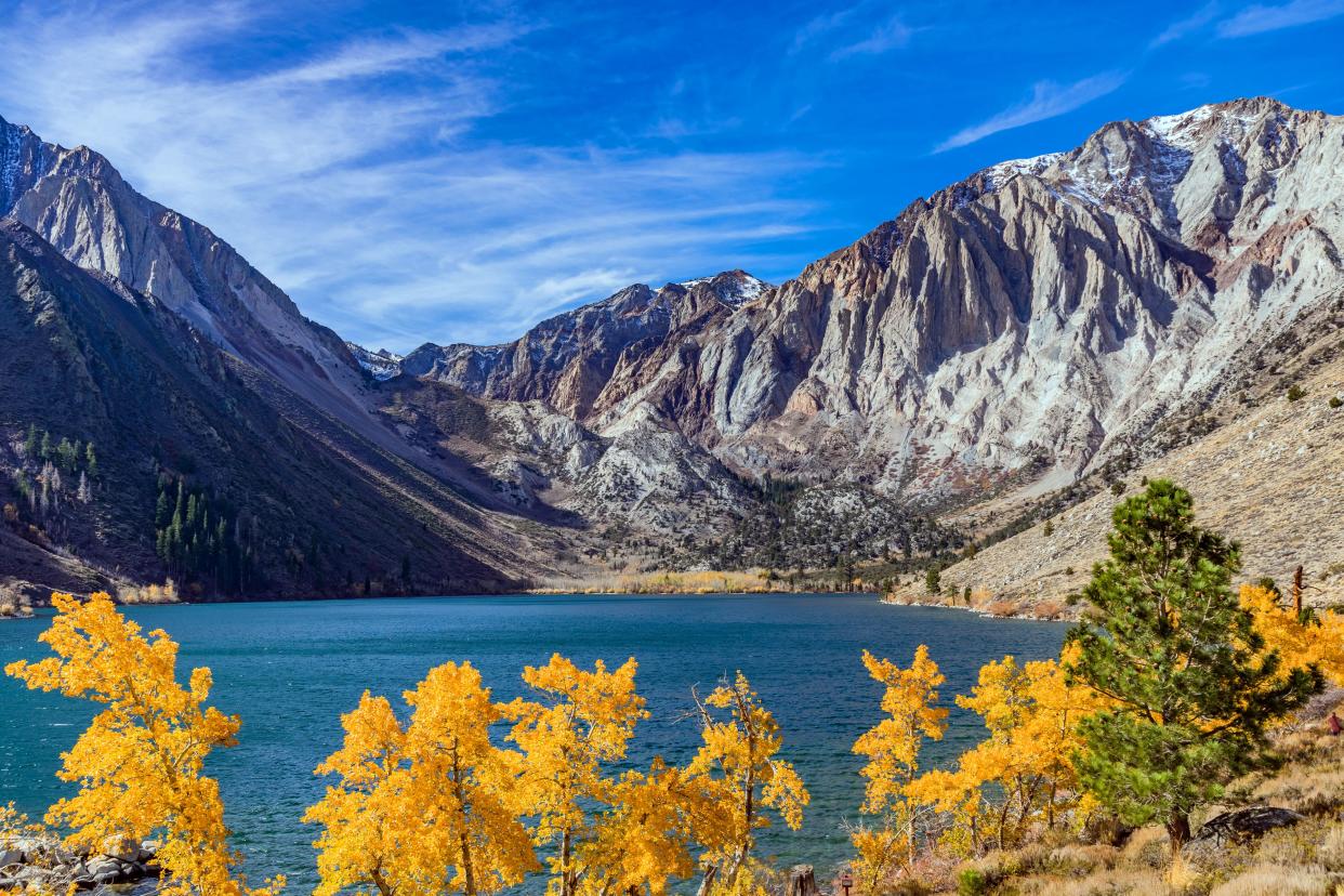 Convict Lake ,fall aspen trees, ,Sierra Nevada Mountains, fall color, golden aspens