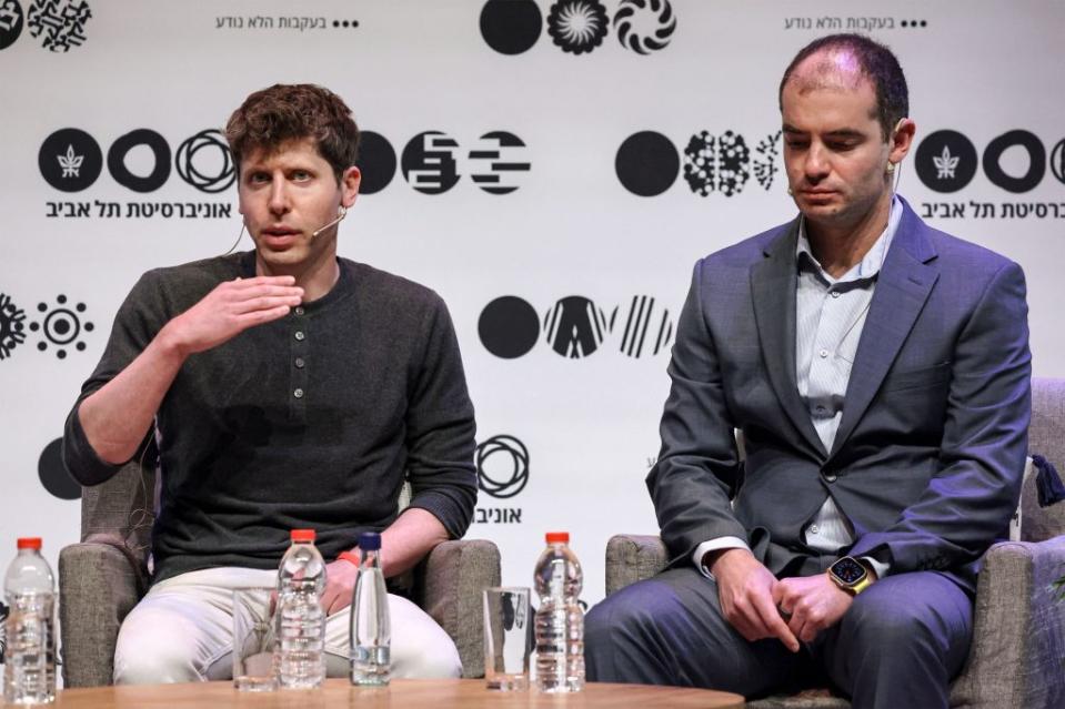 Sam Altman (L), US entrepreneur, investor, programmer, and founder and CEO of artificial intelligence company OpenAI, and the company's co-founder and chief scientist Ilya Sutskever, speak together at Tel Aviv University in Tel Aviv on June 5, 2023. (Photo by JACK GUEZ / AFP) (Photo by JACK GUEZ/AFP via Getty Images)