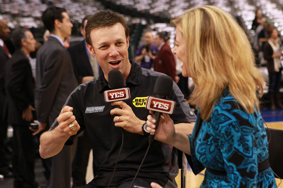 Nascar driver Matt Kenseth gives an interview to YES Network at American Airlines Center in Dallas, Tex., on Feb. 28, 2012. (Ronald Martinez/Getty Images for Texas Motor Speedway)