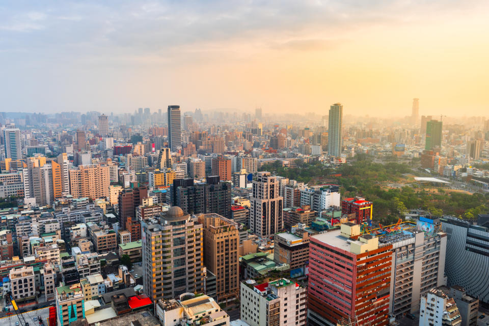 Kaohsiung, Taiwan cityscape from above at dusk.