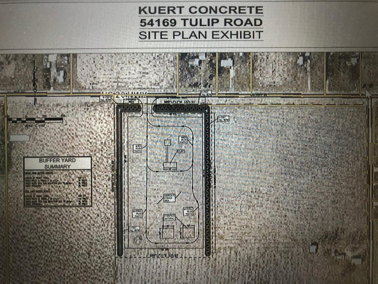 This map shows plans Kuert Concrete has proposed for a concrete mixing plant, using a portion of a farm field on U.S. 20 near New Carlisle. Here, you see Tulip Road to the east and Smilax Road to the west.