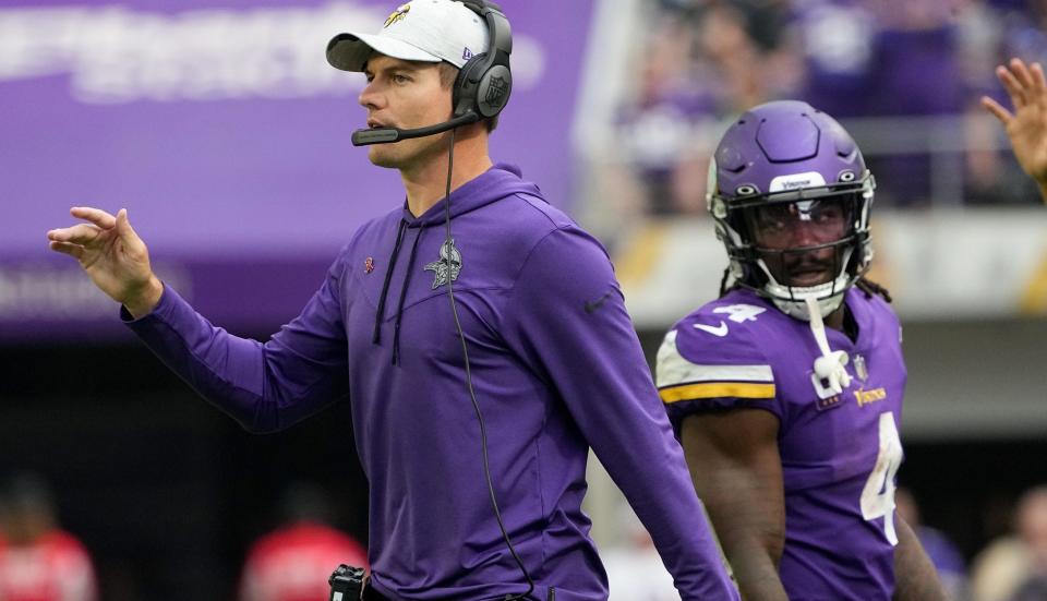 Minnesota Vikings head coach Kevin O’Connell is shown during the second quarter of their game Sunday, September 11, 2022 at U.S. Bank Stadium in Minneapolis, Minn. The Minnesota Vikings beat the Green Bay Packers 23-7.<br>Packers11 6