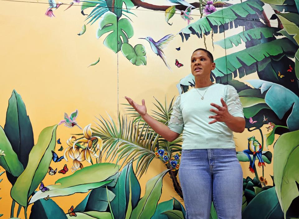 Artist Jill Wells talks about the project during the unveiling of a first-of-its-kind 3D mural model at King Elementary, 1849 Forest Ave., in Des Moines.