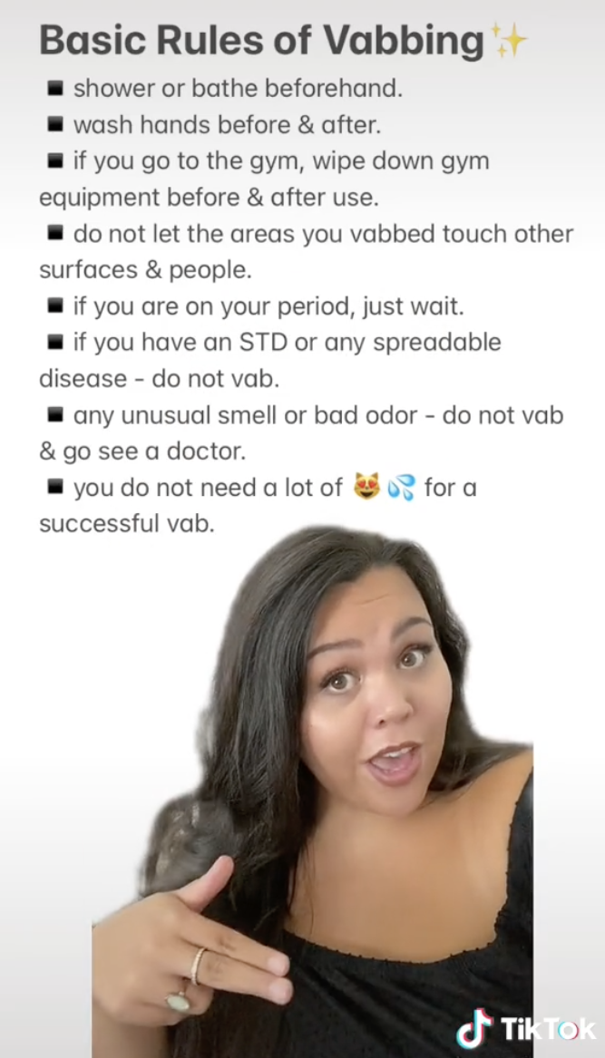 Julia gesturing with a list of "Best Vabbing Practices," including "shower or bathe beforehand" and "wash hands before and after"