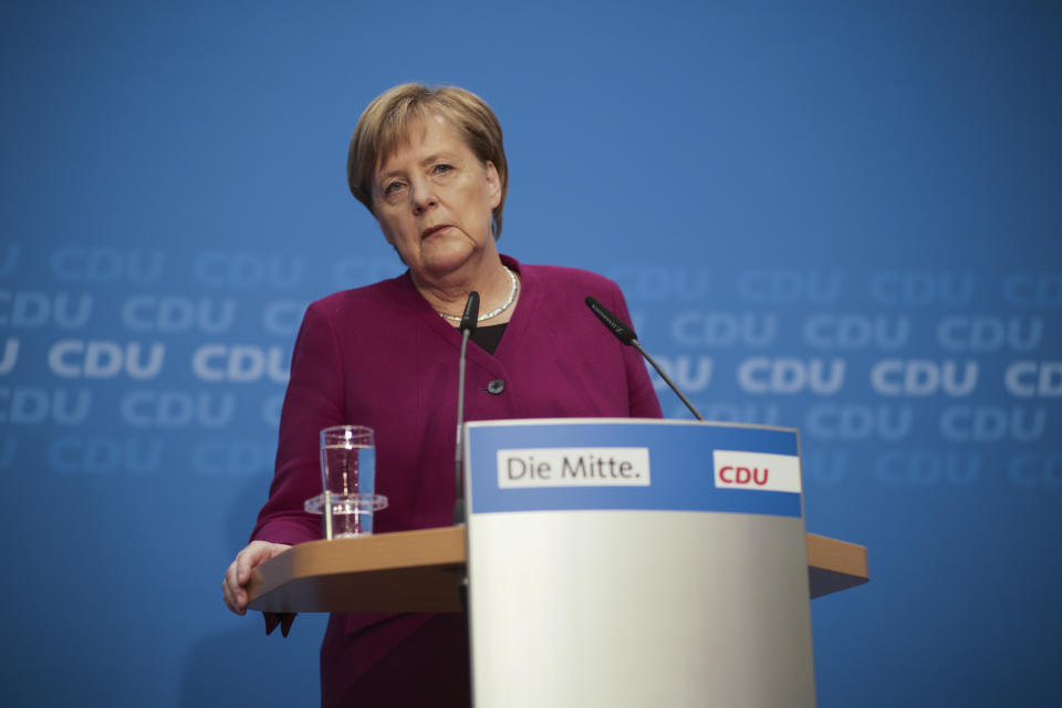 German Christian Democratic Party, CDU, chairwoman and Chancellor Angela Merkel addresses a news conference after a party's leaders meeting at the headquarters the in Berlin, Germany, Monday, Oct. 29, 2018. (AP Photo/Markus Schreiber)