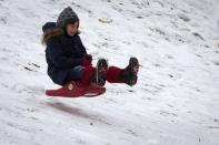 A child plays in Central Park as it snows in Manhattan, New York January 26, 2015. REUTERS/Carlo Allegri