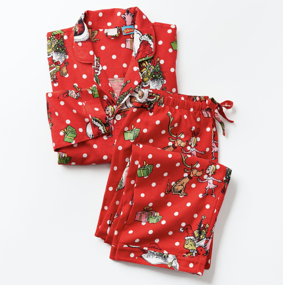 <p><a href="https://go.redirectingat.com?id=74968X1596630&url=https%3A%2F%2Fwww.pbteen.com%2Fproducts%2Fgrinch-pajama-set%2F%3FcatalogId%3D21%26sku%3D3920959%26cm_ven%3DPLA%26cm_cat%3DGoogle%26cm_pla%3DBath%2B%2526%2BBeauty%2B%253E%2BRobes%2B%2526%2BPajamas%26region_id%3D669950%26cm_ite%3D3920959_14600081976%26gclid%3DEAIaIQobChMIh5Ddlvv_gQMVj9_ICh10dAS5EAQYByABEgISFfD_BwE&sref=https%3A%2F%2Fwww.thepioneerwoman.com%2Fholidays-celebrations%2Fgifts%2Fg34385929%2Fchristmas-pajamas-for-women%2F" rel="nofollow noopener" target="_blank" data-ylk="slk:Shop Now;elm:context_link;itc:0;sec:content-canvas" class="link ">Shop Now</a></p><p>Dr. Seuss's The Grinch Organic Festive Flannel Pajama Set</p><p>pbteen.com</p><p>$99.00</p><span class="copyright">Pottery Barn Teen</span>