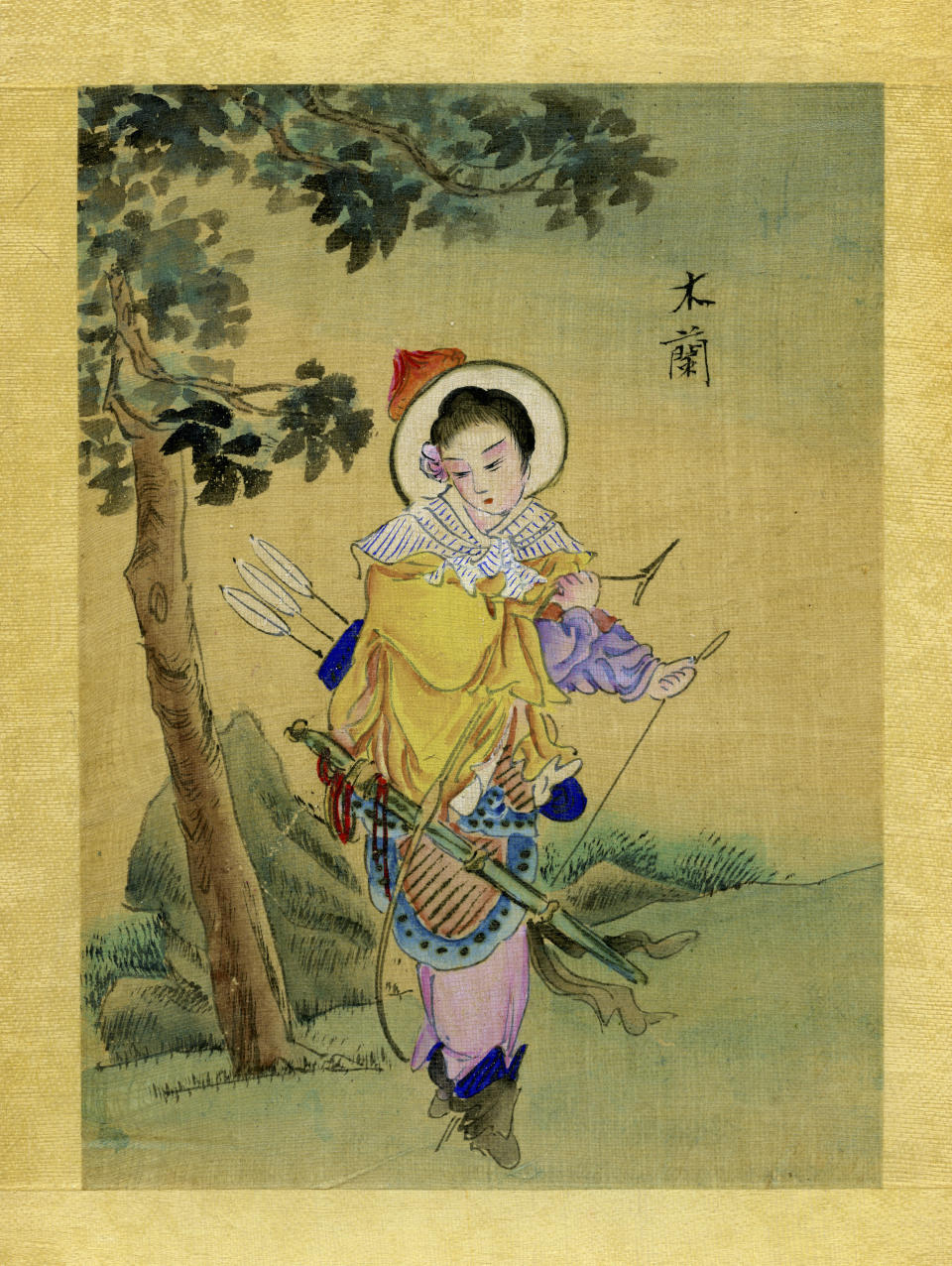 An illustration of Mulan, a legendary figure from ancient China who takes her aged father's place in the army and fights for 12 years, gaining high merit while refusing any reward