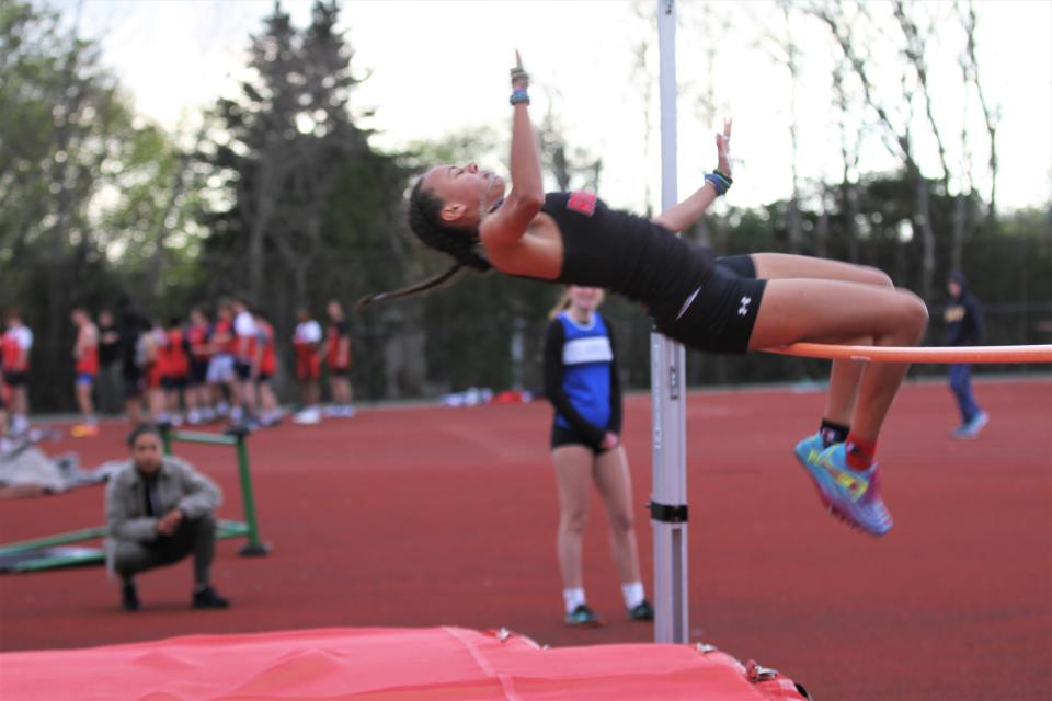 Rogers High School's Amarie Williams tied for second place in the high jump with a leap of 4 feet, 9 inches at the Mariner Invitational at Narragansett High School on Saturday.