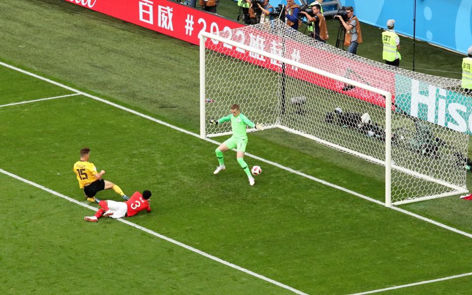 <p>Another angle as Thomas Meunier shins an effort beyond Jordan Pickford in goal. </p>