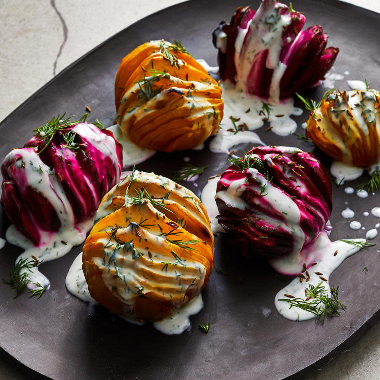 Hasselback Beets with Tangy Dill Sauce and Caraway