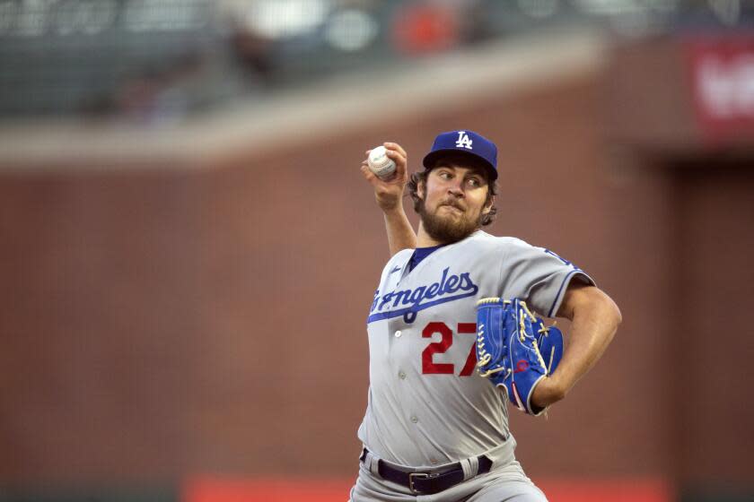 Dodgers pitcher Trevor Bauer throws against the San Francisco Giants.