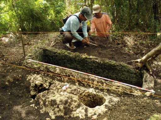 A photo released by Philippine National Museaum (PNM) shows archaeologists working on a limestone coffin in Mulanay town, Quezon province, southeast of Manila. Philippine archaeologists said they had discovered a thousand-year old cemetery of rock coffins in a rainforest, but that tomb-raiders had found it decades earlier and stolen precious artefacts