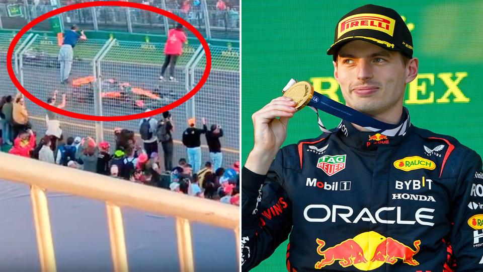 Pictured left,  F1 spectators illegally enter the track area during the Australian Grand Prix.