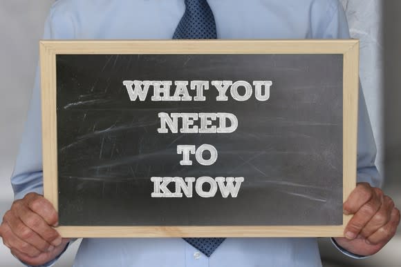 Man holding chalkboard with "what you need to know" printed on it