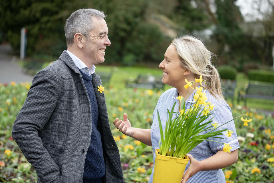 Actor James Nesbitt with nurse Emily Jackson, who works at Marie Curie’s Belfast Hospice (Brian Morrison/Marie Curie/PA)