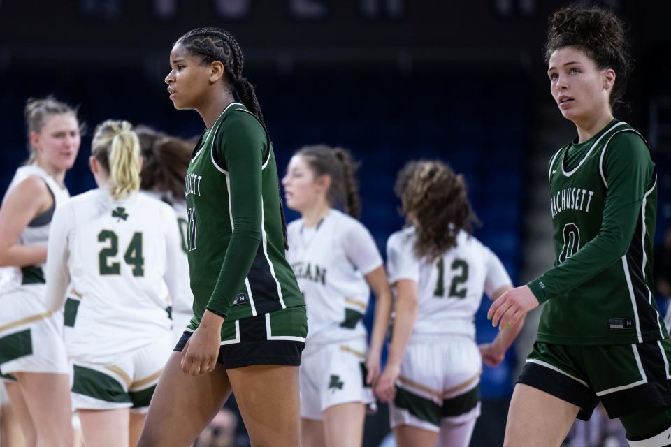 Wachusett senior Rileigh Leary looks to the scoreboard before a timeout against Bishop Feehan.