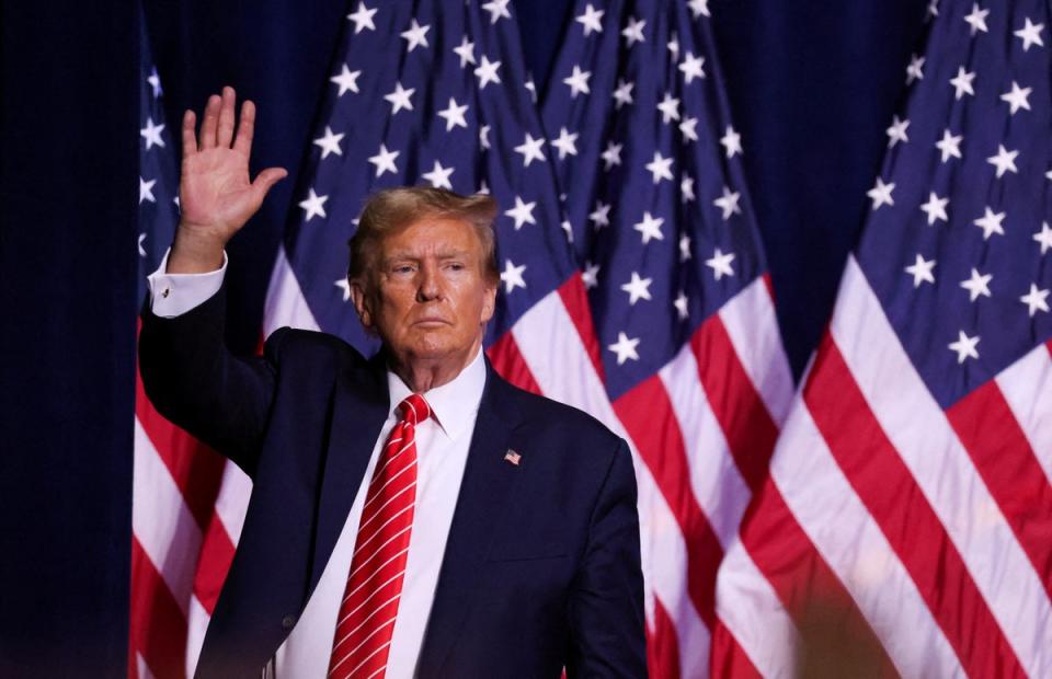 Republican presidential candidate and former U.S. President Donald Trump gestures during a campaign rally at the Forum River Center in Rome, Georgia, on March 9 (REUTERS)