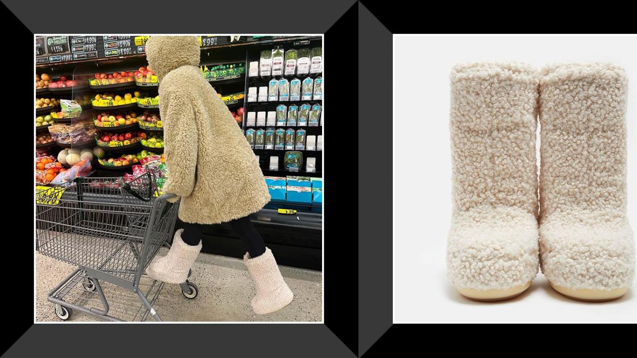 woman pushing grocery cart in shearling jacket and boots, icon faux curly cream boots