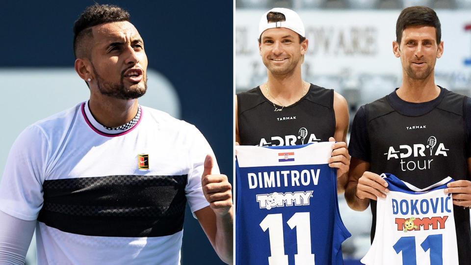 Nick Kyrgios (pictured left) giving the thumbs up and Grigor Dimitrov and Novak Djokovic (pictured right) posing for a photo holding jerseys.