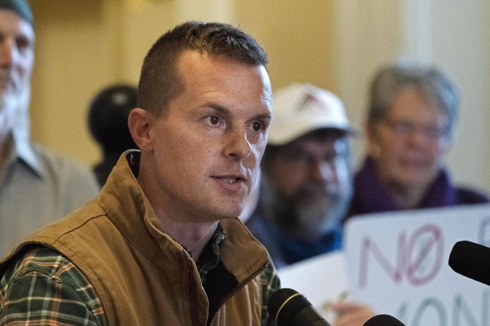 FILE - U.S. Rep. Jared Golden, D-Maine, speaks at a news conference, Nov. 1, 2022, at the Statehouse in Augusta, Maine. Golden, who is seeking reelection, will know his opponent after voters choose between Republicans Austin Theriault and Mike Soboleski in the Maine primary election on Tuesday, June 11, 2024. (AP Photo/Robert F. Bukaty, File)