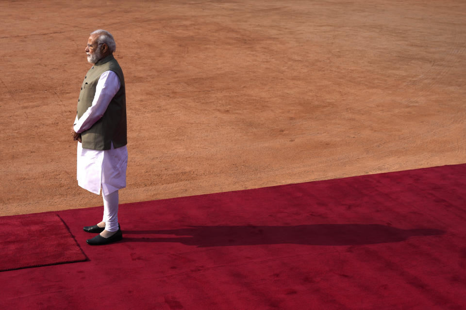 Indian Prime Minister Narendra Modi waits to receive his Australian counterpart Anthony Albanese for later's ceremonial reception at the Indian presidential palace, in New Delhi, India, Friday, March 10, 2023. (AP Photo/Manish Swarup)