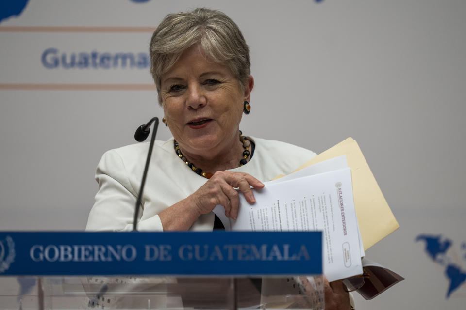 Mexico's Secretary of Foreign Affairs Alicia Barcena speaks during a press conference at the national palace in Guatemala City, Tuesday, May 7, 2024. Barcena is in Guatemala attending a regional meeting on irregular migration with U.S. Secretary of State Antony Blinken. (AP Photo/Moises Castillo)