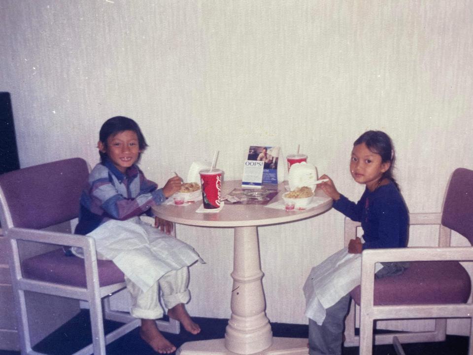 Pyait Kyaw and his younger sister eating gyudon on their first day in the United States.