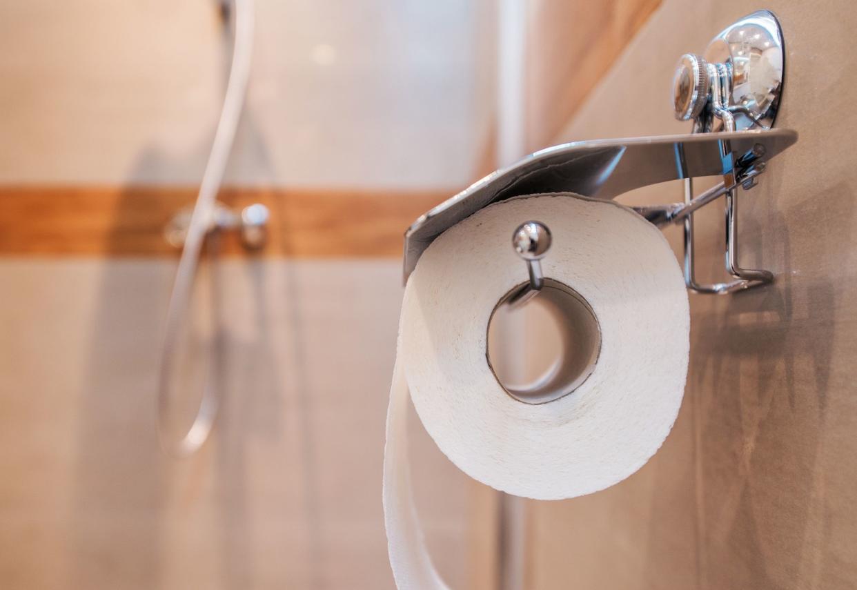 Close Up Of Toilet Paper Holder In RV With Shower In Background