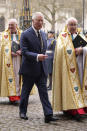 El príncipe Carlos llega a la misa de acción de gracias en memoria del fallecido príncipe Felipe, duque de Edimburgo, en la Abadía de Westminster el 29 de marzo de 2022. (Foto AP/Matt Dunham)